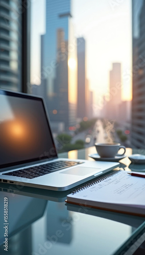 Workplace, laptop, notepad and coffee. AI generative