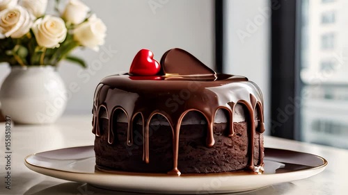 Chocolate sponge cake with glossy glaze and heart decor in a modern light interior