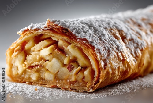 Freshly Baked Apple Strudel Wrapped in Flaky Pastry Topped with Powdered Sugar, Delicious Dessert for Culinary Creations and Sweet Treats Lovers