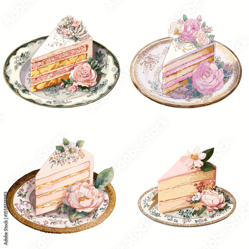 Elegant floral cake slice illustrations on vintage plates with pastel flowers, ideal for wedding menus, bakery branding, and romantic dessert designs.

