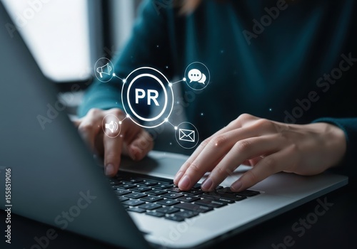 Typing on a laptop with pr and communication icons overlayed