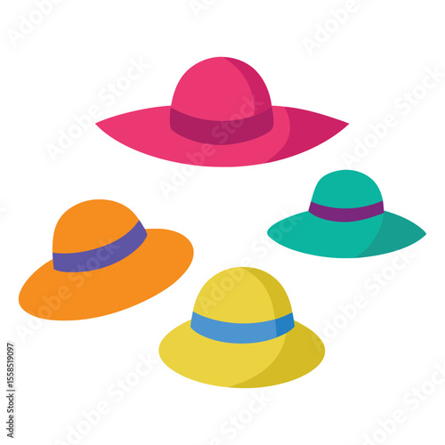 Set of Illustrated Sun Hats with Wide Brims in Various Styles