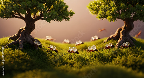 Fantasy scene of a colony of ants carrying glistening water droplets like treasures through a miniature landscape.