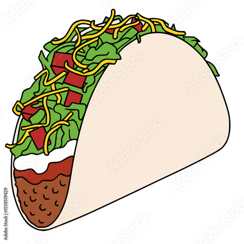 Colorful and inviting cartoon illustration of a classic hard-shell taco, generously filled with seasoned meat, crisp lettuce, diced tomatoes, shredded cheese, and a dollop of sour cream.