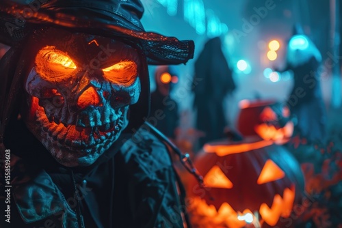 Halloween figure with glowing skull mask in a spooky night scene.