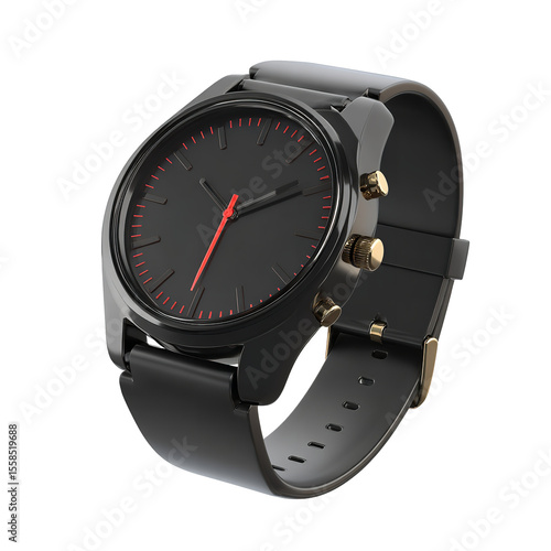 Black watch timepiece wrist wear accessory fashion style modern design analog clock time telling instrument on transparent background