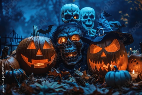 Halloween decoration display with jack-o'-lanterns and skulls.