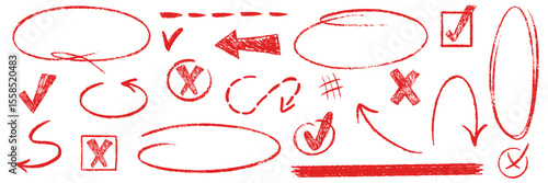 Red pencil hand drawn various oval, chalked arrows, check marks. Vector doodle marker drawing. Hand drawn charcoal symbols for diagrams. Freehand grunge red strikethrough and underline elements