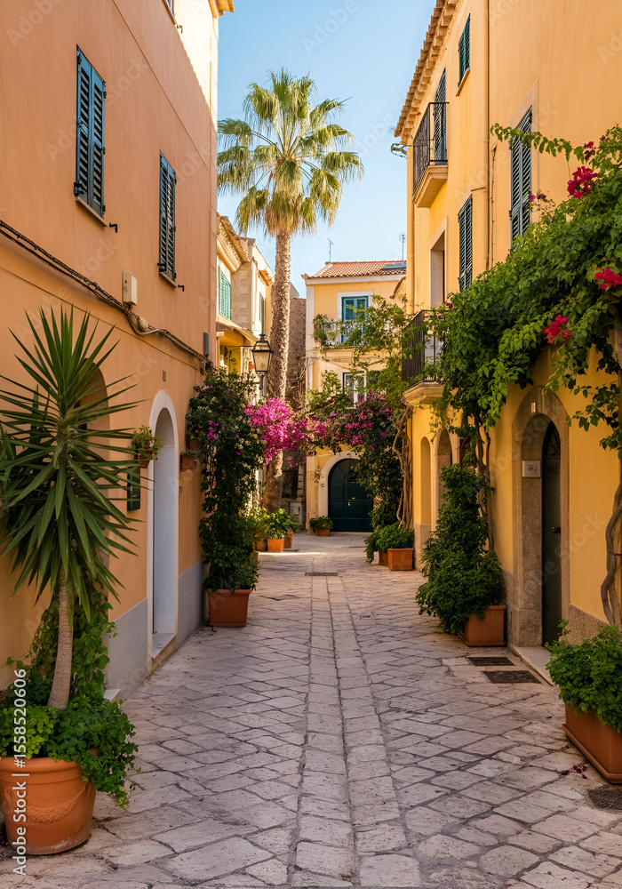 Obraz premium A vibrant eye-level photo of a charming Mediterranean alleyway, with pastel-colored buildings, wrought iron balconies, and terracotta pots overflowing with greenery. 