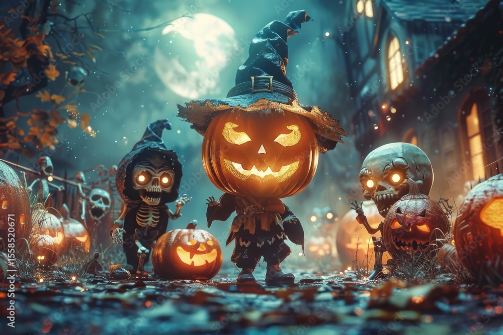 Naklejka premium Halloween figures in a spooky pumpkin patch at night.