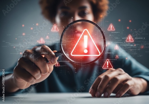 Person examining warning signs with a magnifying glass tool