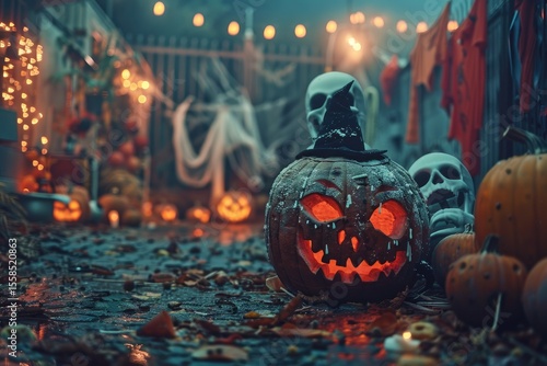 Glowing carved pumpkin surrounded by halloween decorations in a spooky outdoor setting.