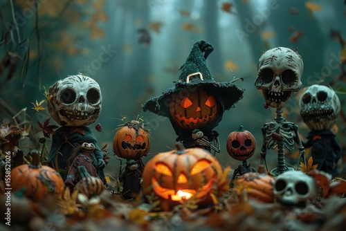 Halloween figures and pumpkins in a mystical forest setting.