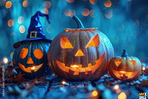 Illuminated carved pumpkins in a mystical Halloween setting.