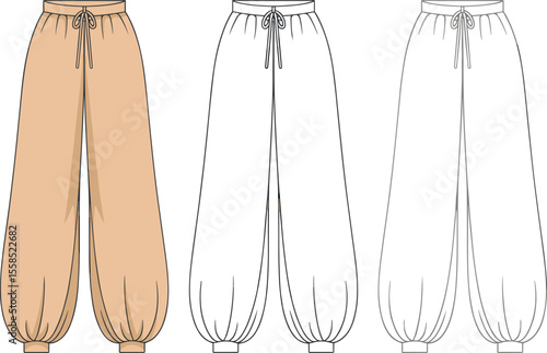 Women's Fashion Flat Sketch: Comfortable Harem Pants with Drawstring Waistband and Elasticized Cuffs, Relaxed Apparel Design for Casual Wear, Yoga, and Bohemian Style Illustration.