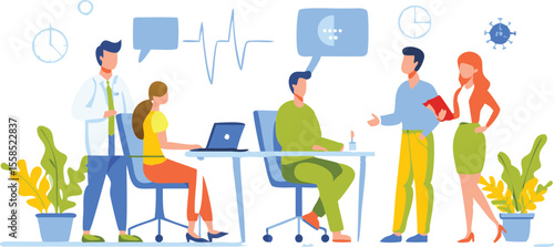 Illustration of a medical team discussing patient data in a modern office setting with plants and clocks