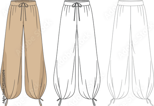 Women's Fashion Flat Sketch: Relaxed Fit Harem Pants with Drawstring Waist and Ankle Ties, Comfortable Apparel Design for Casual Wear, Yoga, and Bohemian Style Illustration.