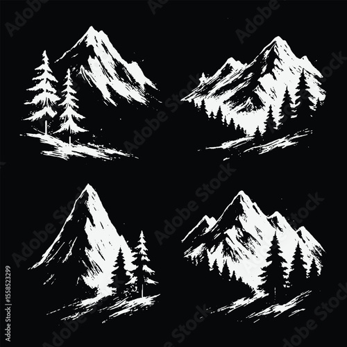 Black background sketch of mountains and pine trees in rough brush style, bold and dramatic in silhouette form.