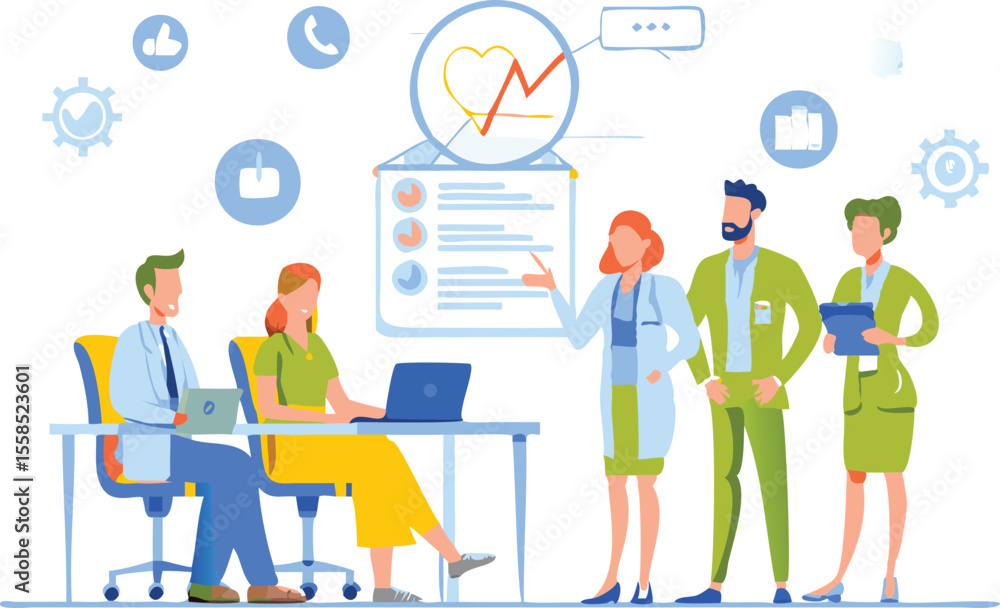 Obraz premium Medical team meeting with doctors and staff discussing patient data and health metrics in a modern office