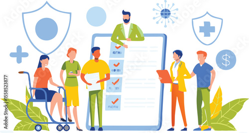 Illustration of a group of people with medical and financial symbols and a checklist background