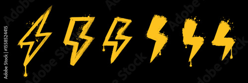 Spray orange graffiti element set of ENERGY Lightning bolt with grungy texture. Grunge ink graphic symbols of flash, danger, energy and thunder isolated on black background for printing on t shirt