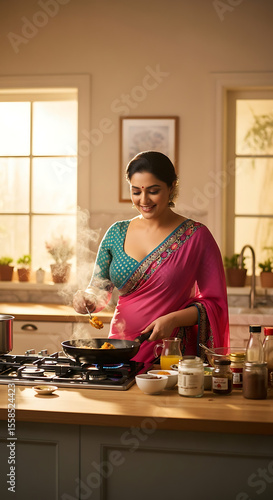 young Indian woman cooking in the kitchen