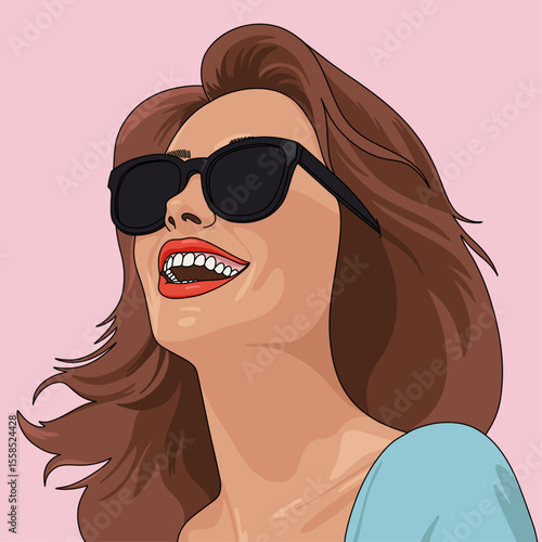 Portrait Illustration of a Cheerful Happy Woman Wearing Sunglasses on a Summer Holiday