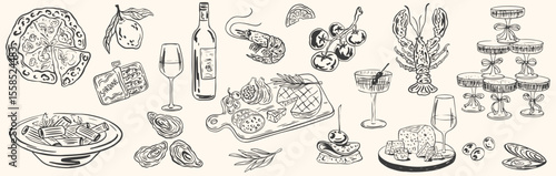Hand drawn chalk food illustrations. Mediterranean dinner. Wine, spaghetti, oysters, charcuterie drawings for wedding invitations, menus. Vector illustration La dolce vita italian sketch style.