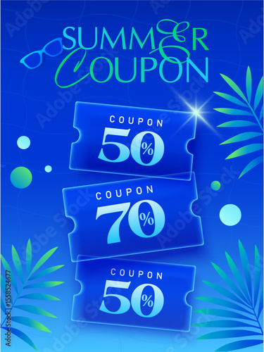 Summer sale banner template with stack of gift vouchers with coupon code, percentage off, isolated on background with palm leaf. Travel discount banner template in vector illustration. Vector