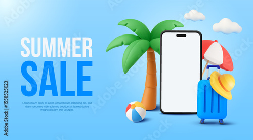 3d summer sale banner template with blank smartphone mockup surrounded by palm tree, luggage, umbrella and beach ball. 3d travel discount banner in vector illustration. Vector illustration