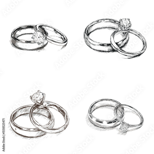 Elegant hand-drawn illustrations of wedding rings with solitaire diamonds and couple bands, perfect for romantic designs, invitations, or jewelry branding.

