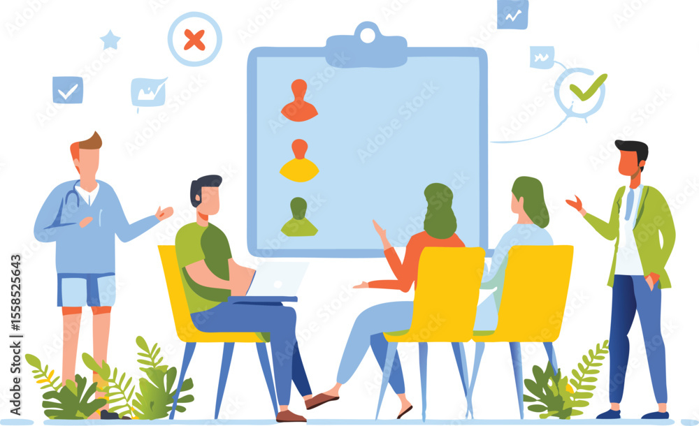 Illustration of a team meeting with a doctor, people sitting, and a whiteboard with candidate profiles Illustration of a team meeting with a doctor, people sitting, and a whiteboard with candidate profiles