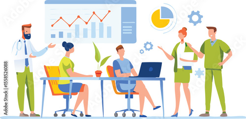 Illustration of a medical team in a meeting discussing data and charts on a screen in an office setting