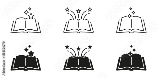 Open Book With Stars Line And Solid Icon Set. Imagination, Knowledge, And Creativity Symbol Collection. Educational And Inspirational Concept. Isolated Vector Illustration