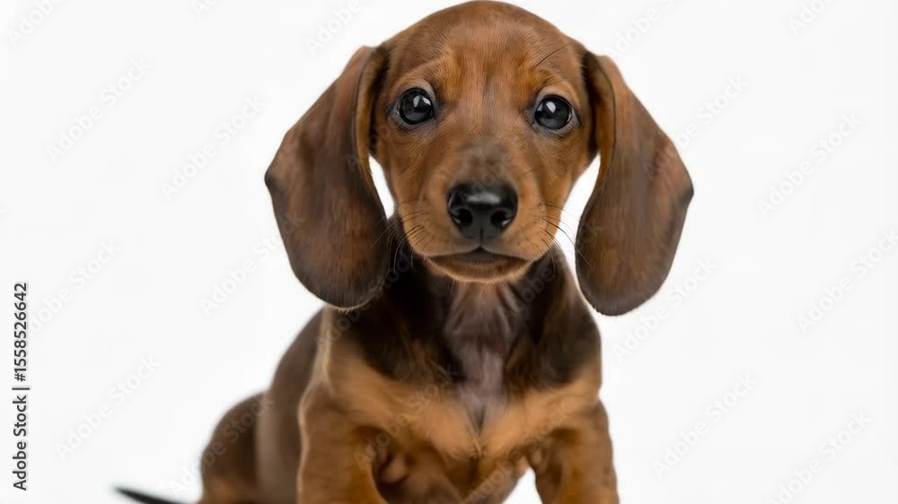 Adorable brown and tan dachshund puppy sitting against a white background looking up with floppy ears and expressive eyes in studio lighting Adorable brown and tan dachshund puppy sitting against a white background looking up with floppy ears and expressive eyes in studio lighting