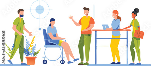 Illustration showing medical staff interacting with a patient in a wheelchair in a hospital setting