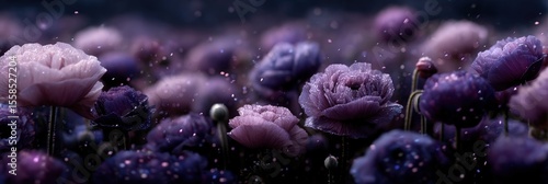 Dreamy purple and pink blossoms with dewdrops in ethereal dusky light