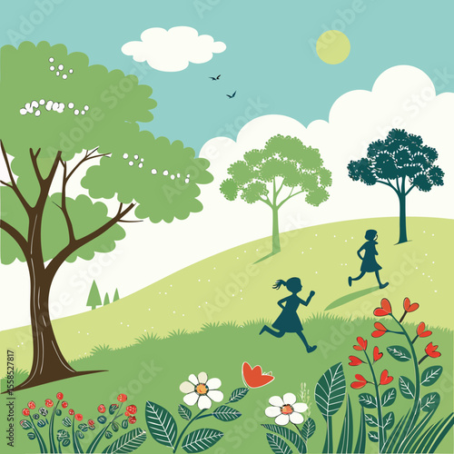 This image depicts a vibrant, stylized outdoor scene with two children playing. The foreground features a lush green hillside dotted with various colorful flowers and plants in bloom, including red, w