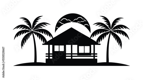 vector illustration Beachfront Bungalow Silhouette with Sunset and Palm Trees