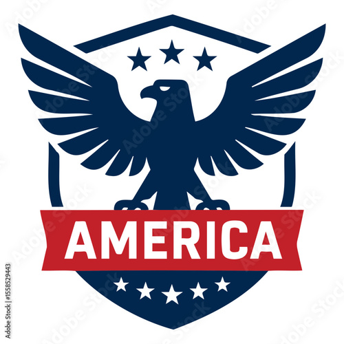 Illustration of a patriotic emblem featuring an eagle with spread wings and stars on a shield design