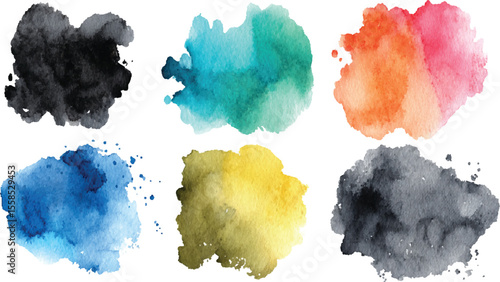 Six Abstract Watercolor Splotches Teal Blue Yellow Orange Pink Black Design Elements vector