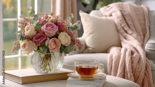 Wallpaper Mural Cozy Home Scene with Roses and Eucalyptus in Glass Vase, Tea, Blanket, and Sunlight – Peaceful Lifestyle Interior Torontodigital.ca