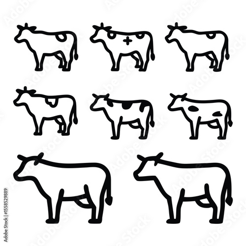 Various Outline Illustrations of Cows with Different Markings