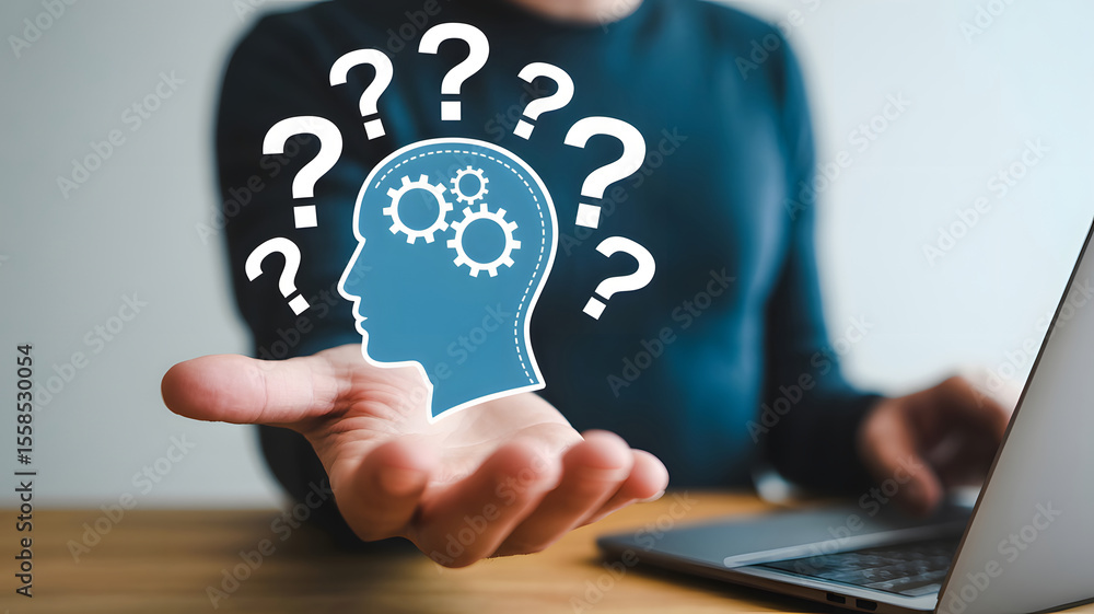 Holding a thoughtful concept of knowledge and brain function with question marks suggesting idea generation and problem solving. Holding a thoughtful concept of knowledge and brain function with question marks suggesting idea generation and problem solving.