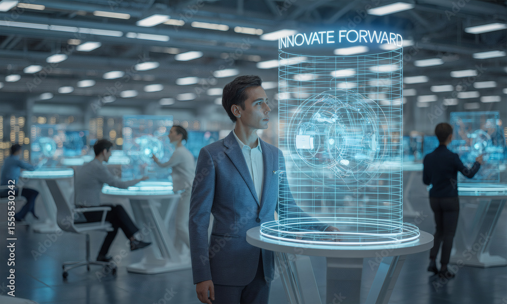Man in suit stands in modern office with holographic display showing Man in suit stands in modern office with holographic display showing