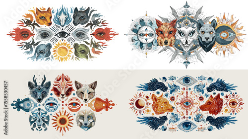 Mystical symmetrical illustrations of animals, eyes, and celestial symbols in spiritual tribal art style, ideal for fantasy, totem, or visionary design projects.

