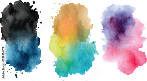 set Abstract Watercolor Splotches Black Blue Tan Yellow Green Teal Purple Pink Gradient Color Palette Design Elements