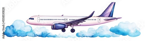 Detailed Artistic Illustration of an Airplane Flying Above Clouds in a Clear Sky