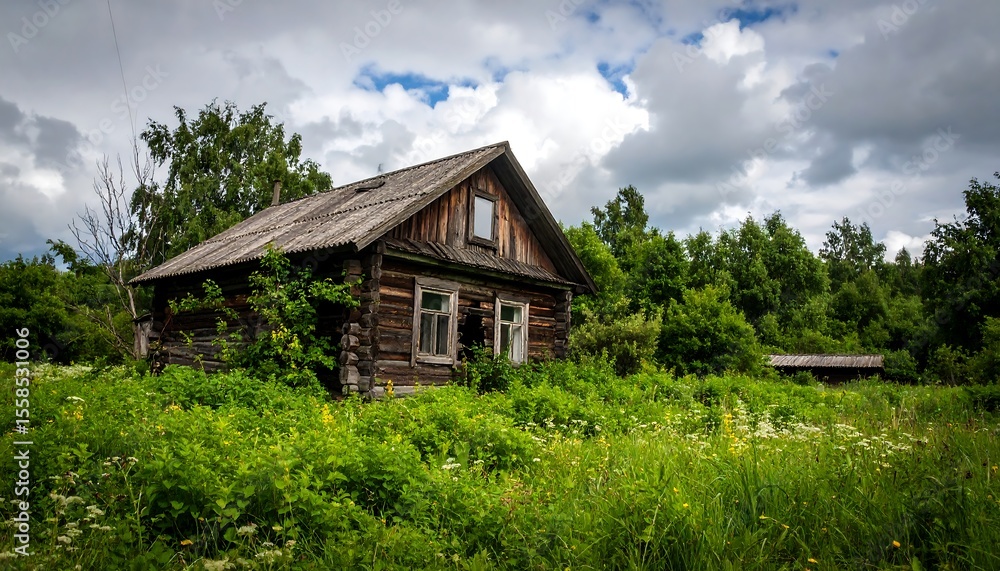 Rustic wooden house in overgrown field Rustic wooden house in overgrown field
