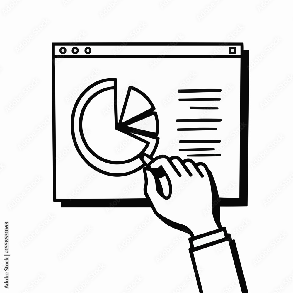 Hand interacting with pie chart on computer screen for analysis Hand interacting with pie chart on computer screen for analysis